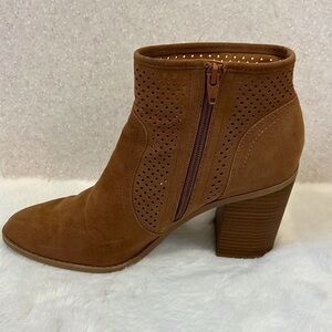 Short brown boot with cutout detail  faux suede with zipper side Size 10